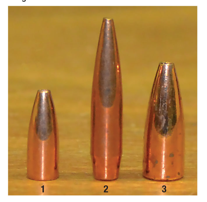 For those who cannot visualize how small .17-caliber bullets are, Berger 15-grain and 30-grain bullets are shown here with a Berger .224-caliber, 40-grain bullet: (1) Berger .17-caliber, 15-grain FB Varmint, (2) Berger .17-caliber, 37-grain Match HP and (3) Berger .224-caliber, 40-grain Varmint.